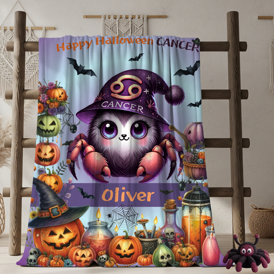 Personalized Cancer Halloween Toddler Boy Blanket. Custom name zodiac Gift.