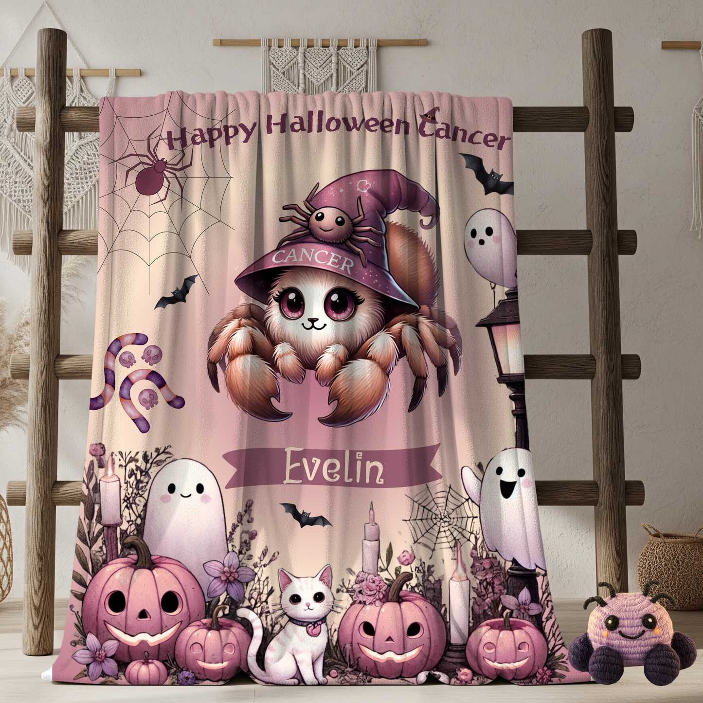 Personalized Cancer Halloween Blanket for Girls, Custom Name Zodiac Toddler Halloween Throw
