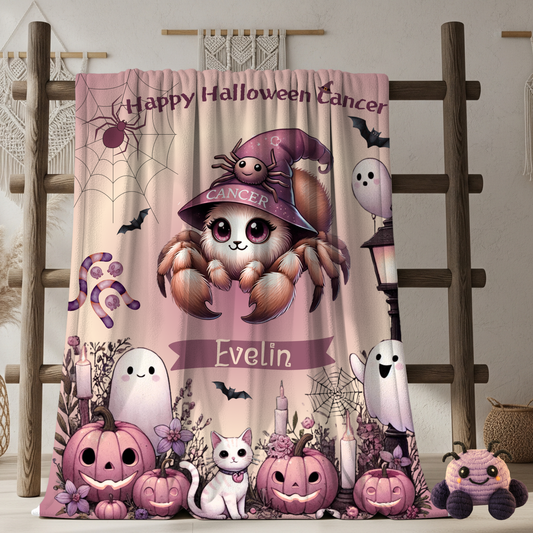 Personalized Cancer Halloween Blanket for Girls, Custom Name Zodiac Toddler Halloween Throw