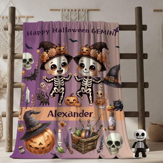 Personalized Gemini Halloween Toddler Boy Blanket. Custom name zodiac Gift