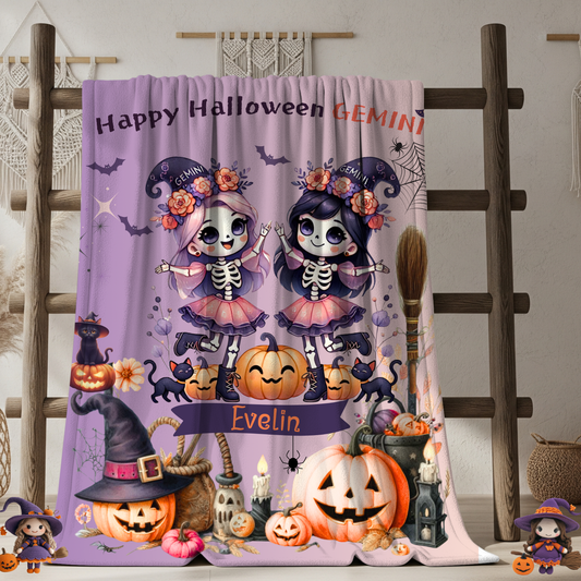 Personalized Gemini Halloween Blanket for Girls, Custom Name Zodiac Toddler Halloween Throw