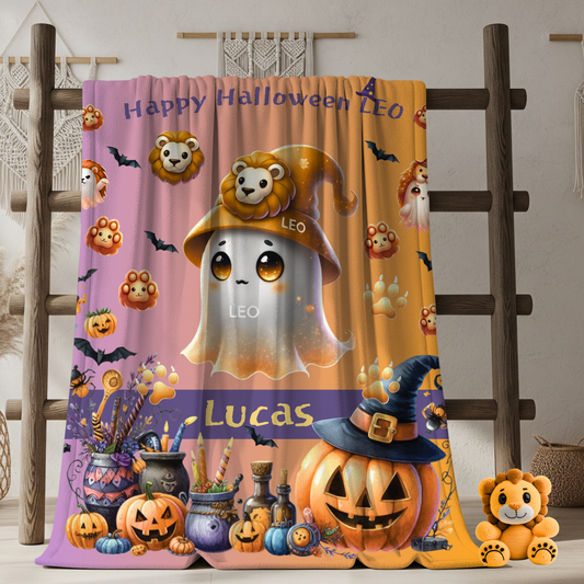 Personalized Leo Halloween blanket for boys, Custom name zodiac toddler Halloween Gift.