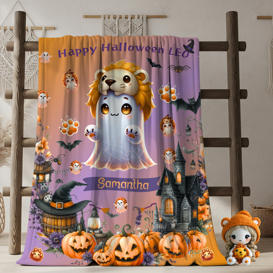 Personalized Leo Halloween Blanket for Girls, Custom Name Zodiac Toddler Halloween Throw