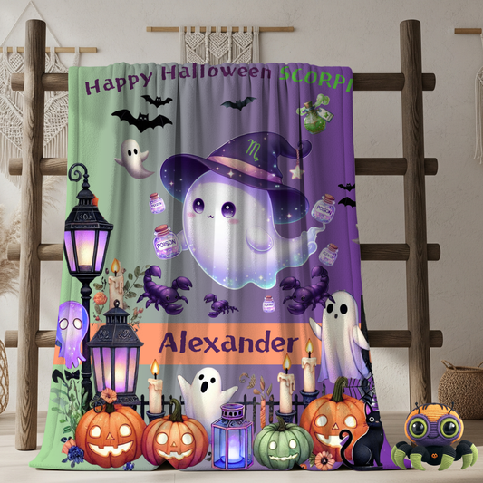 Personalized Scorpio Halloween Toddler Boy Blanket. Custom name zodiac Halloween gift.