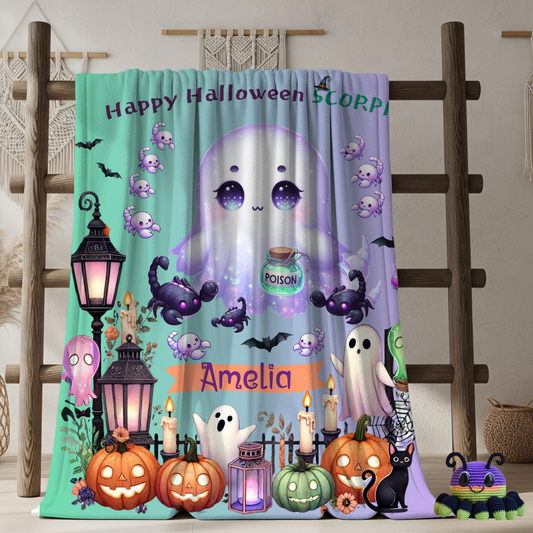 Personalized Scorpio Halloween Blanket for Girls, Custom Name Zodiac Toddler Halloween Gift