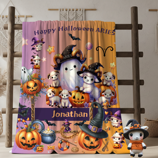 Personalized Aries Halloween Blanket for Boys, Custom Name Zodiac Toddler Halloween Throw