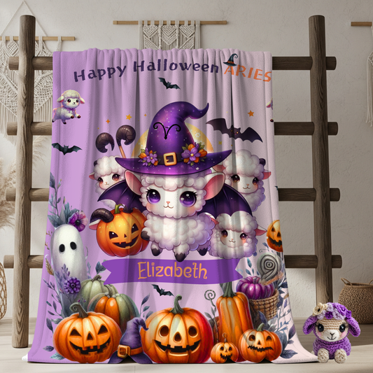 Personalized Aries Halloween Blanket for Girls, Custom Name Zodiac Toddler Halloween Gift