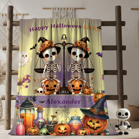 Personalized Libra Halloween Blanket for Boys, Custom Name Zodiac Toddler Halloween Throw