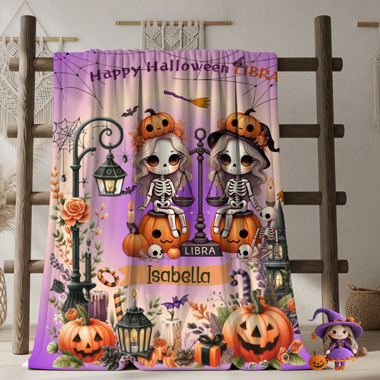 Personalized Libra Halloween Blanket for Girls, Custom Name Zodiac Toddler Blanket