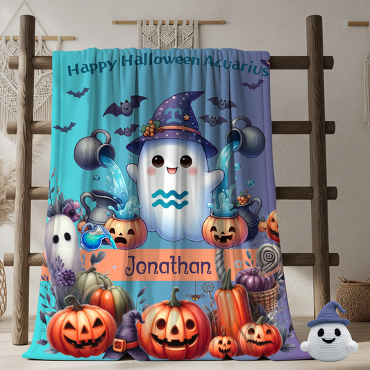 Personalized Aquarius Halloween Toddler Boy Blanket, Custom Name Zodiac Gift