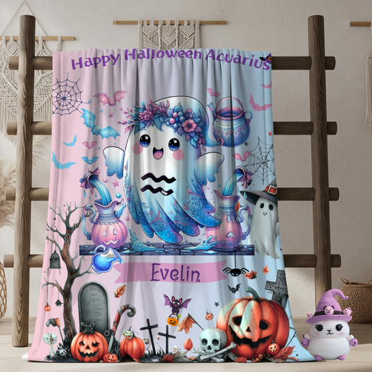 Personalized Aquarius Halloween Blanket for Girls, Custom Name Zodiac Toddler Halloween Throw