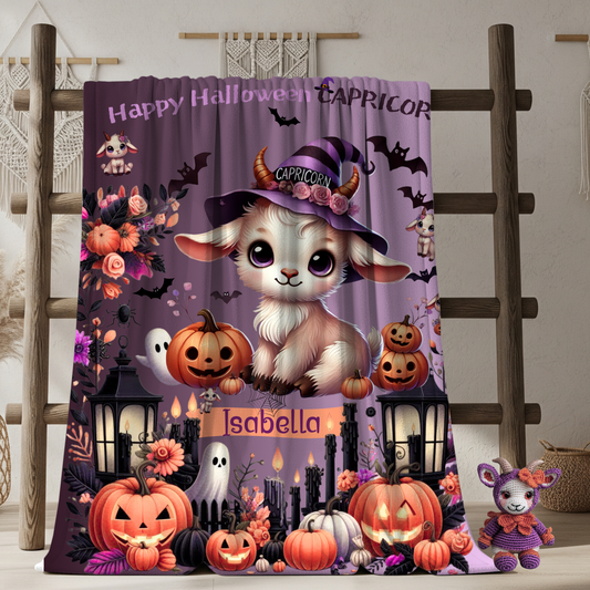 Personalized Capricorn Halloween Blanket for Girls, Custom Name Zodiac Toddler Halloween Throw