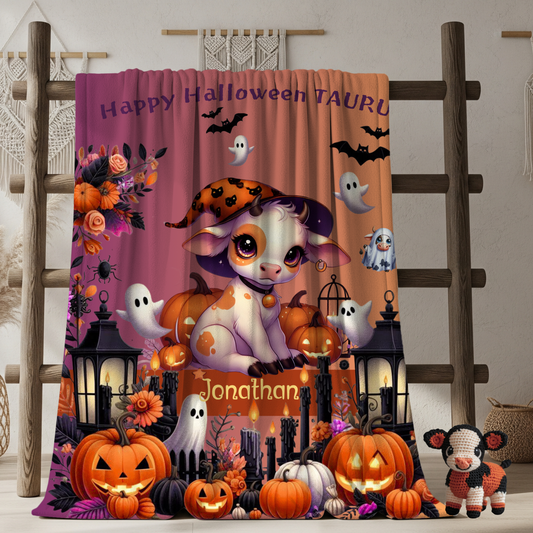 Personalized Taurus Halloween Toddler Boy Blanket, Custom Name Zodiac Halloween Throw