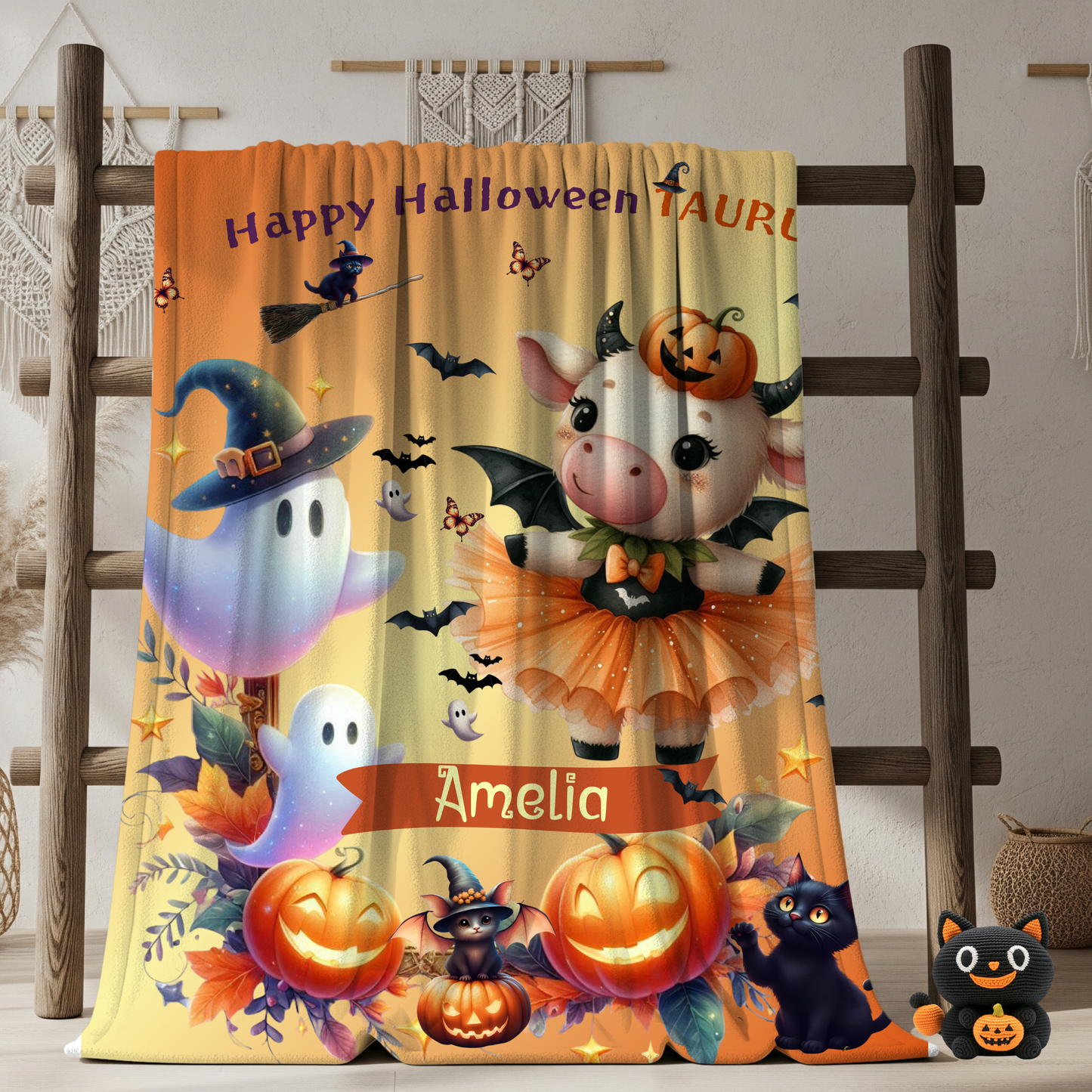 Personalized Taurus Halloween Blanket for Girls, Custom Name Zodiac Toddler Halloween Gift