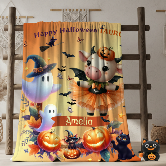 Personalized Taurus Halloween Blanket for Girls, Custom Name Zodiac Toddler Halloween Gift