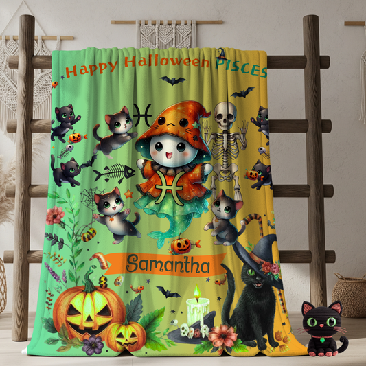 Personalized Pisces Halloween Girl Blanket, Custom Zodiac Blanket, Velveteen Plush Throw