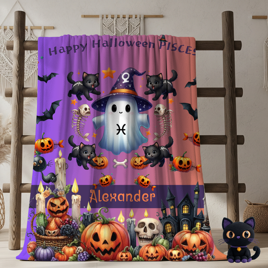 Personalized Pisces Halloween Blanket for Boys, Custom Name Zodiac Toddler  Halloween Throw