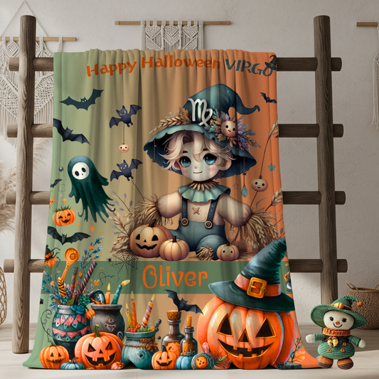 Personalized Virgo Halloween Blanket for Boys, Custom Name Zodiac Toddler Halloween Throw