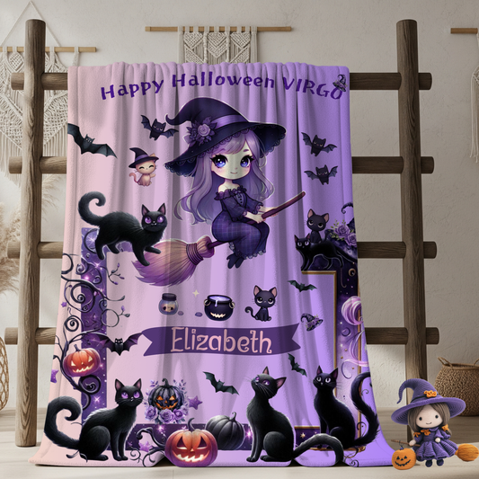 Personalized Virgo Halloween Blanket for Girls, Custom Name Zodiac Toddler Halloween Throw