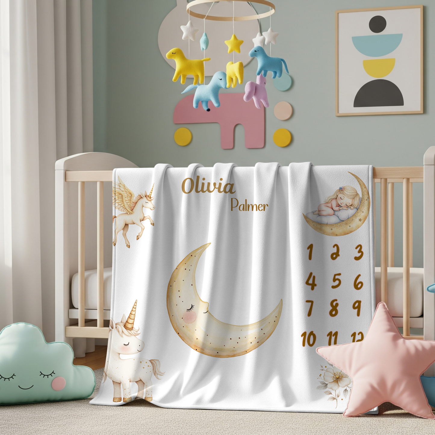 Personalized Unicorn and Moon Baby Girl Milestone Blanket, Velveteen Plush,