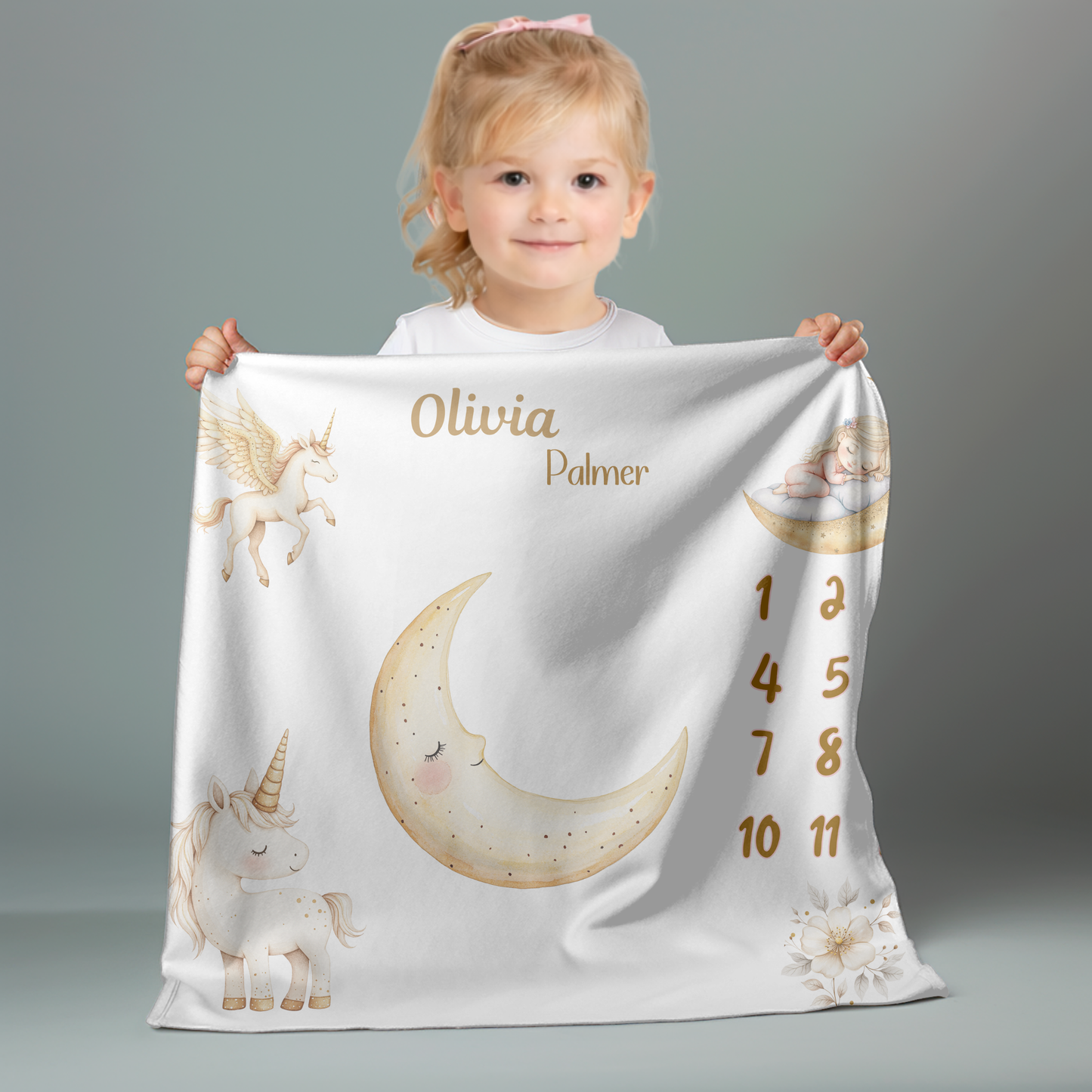 Personalized Unicorn and Moon Baby Girl Milestone Blanket, Velveteen Plush,