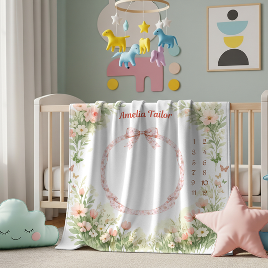 Personalized Baby Girl Milestone Blanket, Velveteen Plush, Floral Baby Blanket, Monthly Milestone Blanket
