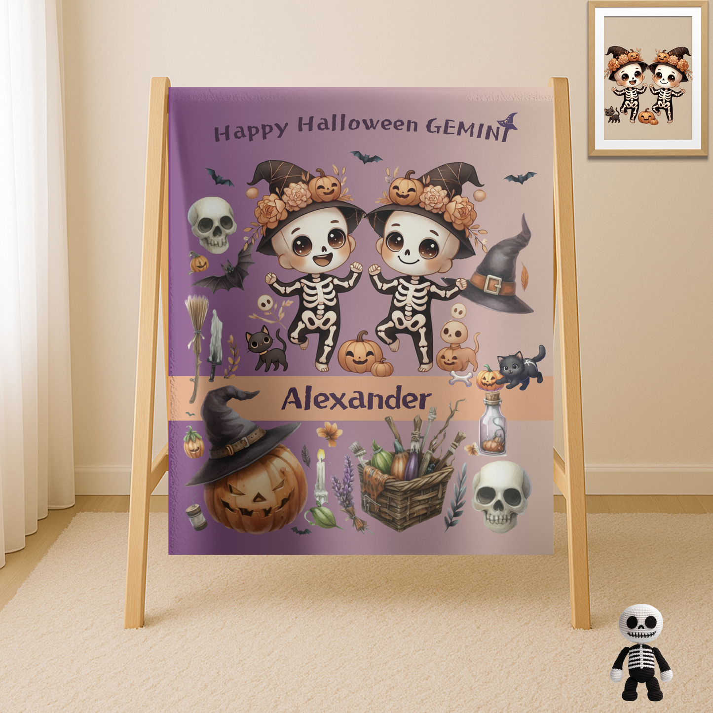 Personalized Gemini Halloween Toddler Boy Blanket. Custom name zodiac Gift