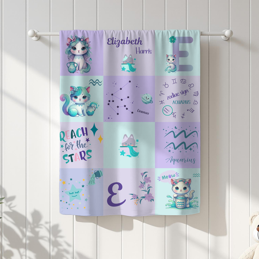 Personalized  Aquarius Girl  Blanket, Velveteen Plush, Astrolrgy Toddler Gift