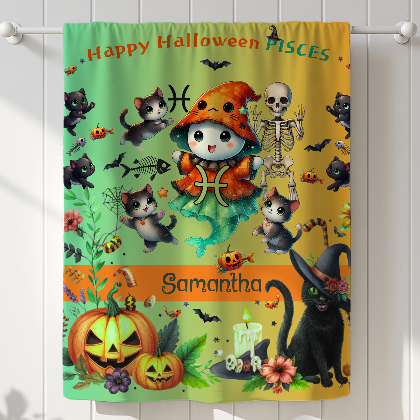 Personalized Pisces Halloween Girl Blanket, Custom Zodiac Blanket, Velveteen Plush Throw