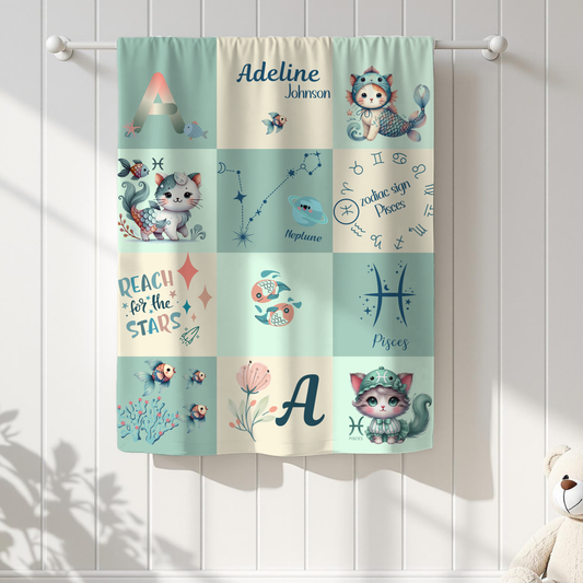 Personalized Pisces Girl Blanket, Velveteen Plush, Astrology Toddler Gift