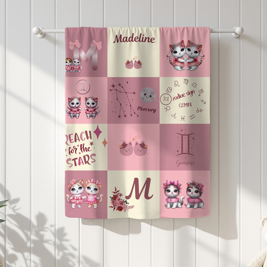 Personalized Gemini Girl Blanket, Velveteen Plush, Astrology Toddler Gift