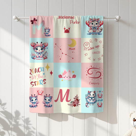 Personalized Cancer Girl Blanket, Velveteen Plush, Astrology Toddler Gift