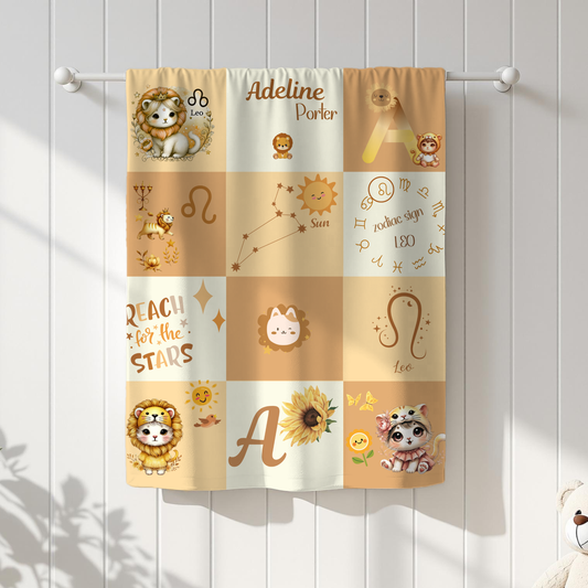 Personalized Leo Girl Blanket, Velveteen Plush, Astrology Toddler Gift