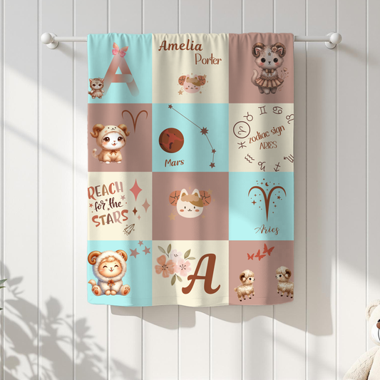 Personalized Aries Girl Blanket, Velveteen Plush, Astrology Toddler Gift