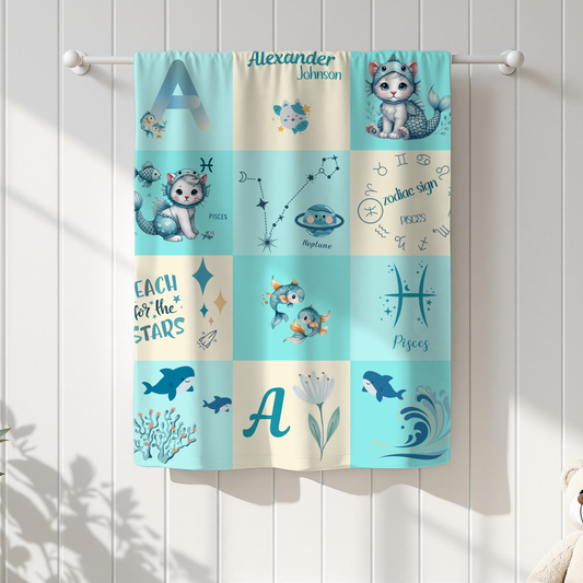 Personalized Pisces Boy Blanket, Velveteen Plush, Astrology Tfddler Gift