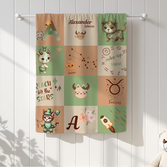Personalized Taurus Boy Blanket, Velveteen Plush, Astrology Toddler Gift