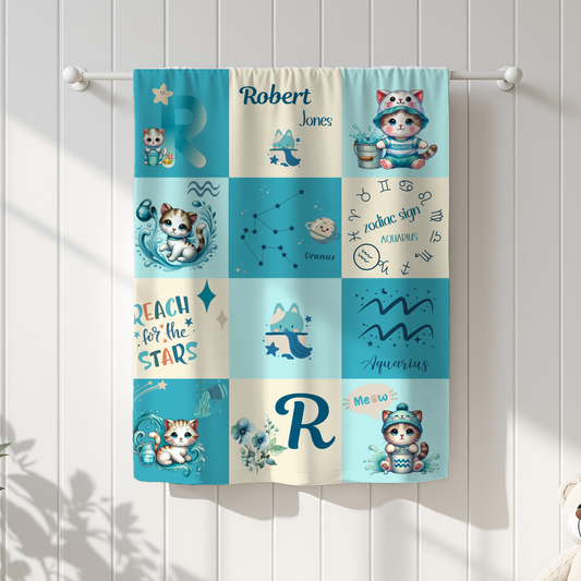 Personalized Aquarius Boy Blanket, Velveteen Plush, Astrology Toddler Gift