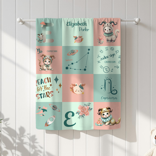 Personalized Capricorn Girl Blanket, Velveteen Plush, Astrology Toddler Gift